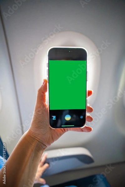 Fototapeta Close-up of a hand holding a smartphone with green screen camera active, recording view from airplane window. Travel content creation, mobile photography, and mockup preparation in flight