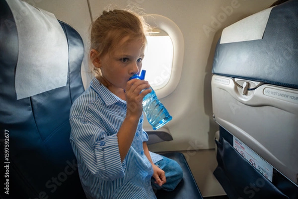 Fototapeta Little girl drinking water from a plastic bottle during a flight. In-flight hydration, travel routine, and caring for body needs while flying