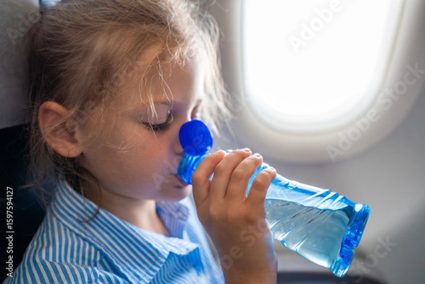 Fototapeta Little girl drinking water from a plastic bottle during a flight. In-flight hydration, travel routine, and caring for body needs while flying