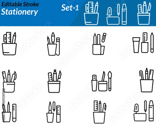 Fototapeta A collection of school or office supplies like pencils, pens, rulers, paper, and erasers. Represents writing, drawing, organization, education, and creative tools in a minimal line style.