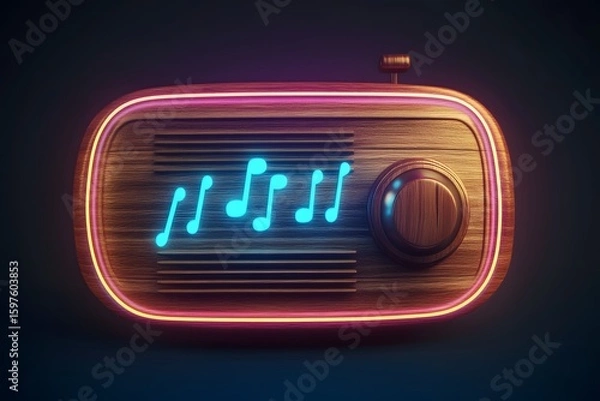 Obraz Vintage Style Radio with Glowing Music Notes Design and Wooden Texture