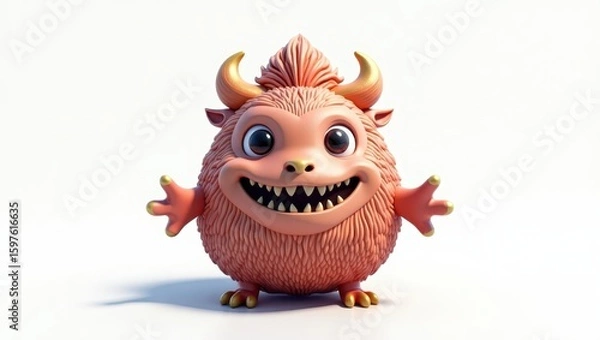 Fototapeta Cheerful, fluffy monster with horns against a plain background.