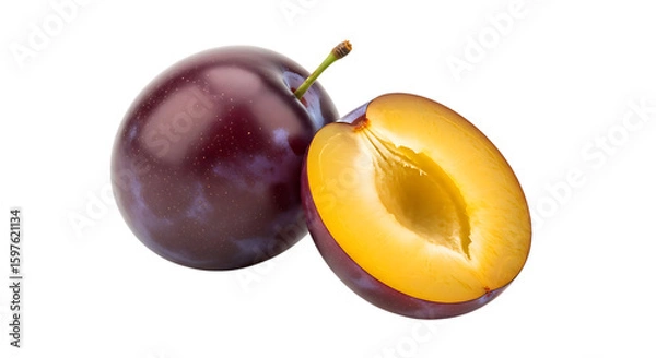 Fototapeta Ripe plums one whole and one halved showing juicy yellow flesh isolated on transparent background