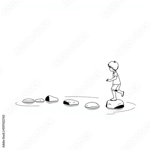 Fototapeta A child skipping stones across a calm pond