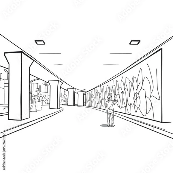 Fototapeta A muralist sketching outlines in chalk on a city underpass