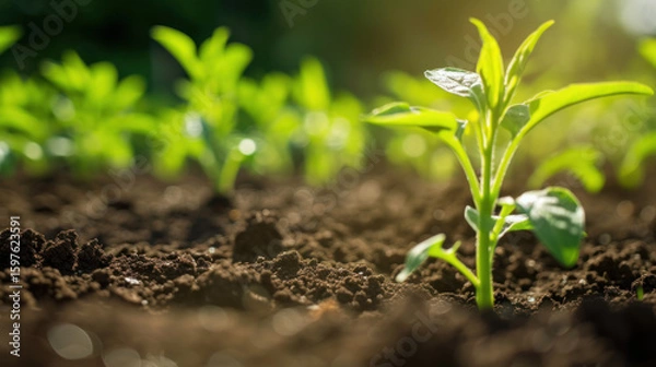 Fototapeta Young plant growing in a cultivated field, symbolizing new beginnings and the growth of life.