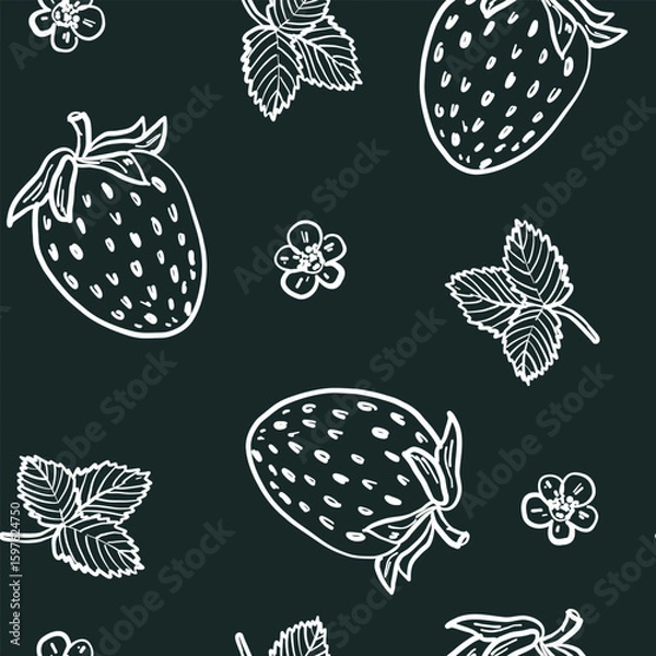 Fototapeta Seamless hand-drawn pattern with strawberries, leaves, and flowers in white outline on deep black-green background. Perfect for packaging, fabric, and stationery.