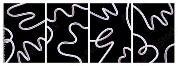 Fototapeta Feminine Glow Scribble Line Art Pack. Iridescent 3D Scribbles in Pink Pearl Tones on Black Background. Soft Glow Digital Design Elements.