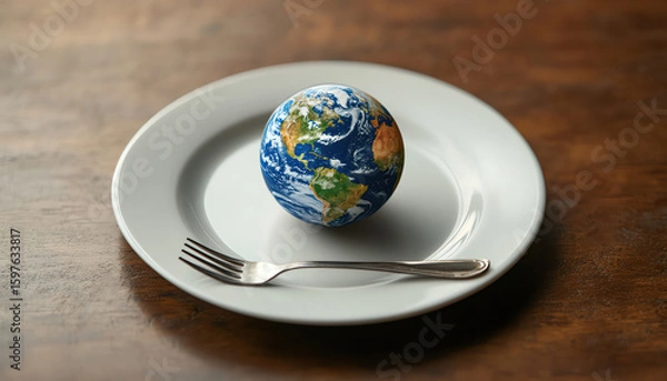 Fototapeta A small globe on a white plate with a fork, concept representing world hunger and food scarcity
