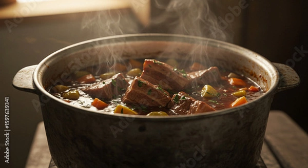 Fototapeta A rustic pot of stew with chunks of vegetables and meat