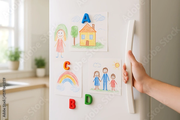 Obraz Children's drawings on white fridge with alphabet magnet in bright kitchen, child’s drawing stuck to fridge
