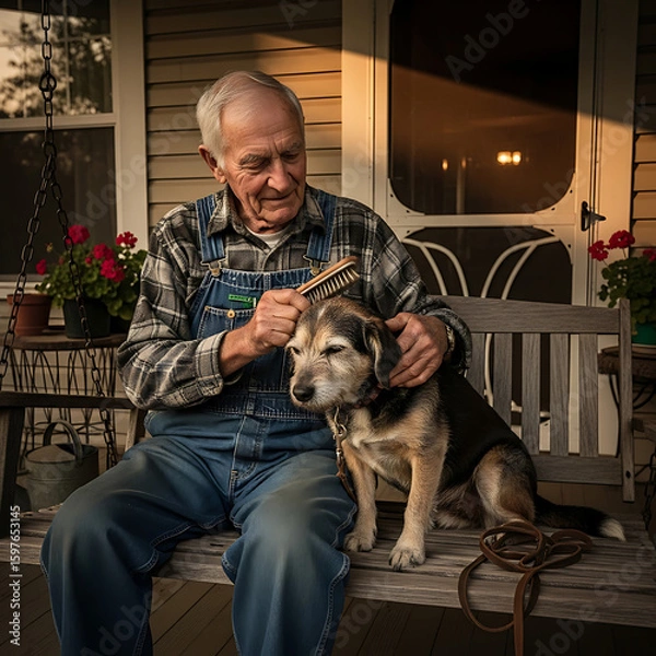 Obraz Elderly man lovingly grooming his dog on a porch swing at sunset