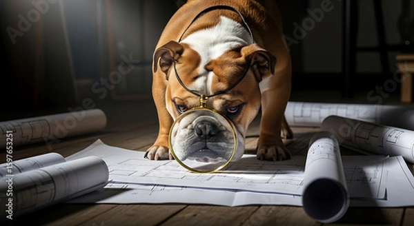 Obraz Bulldog Inspector with Magnifying Glass Sniffing Blueprints