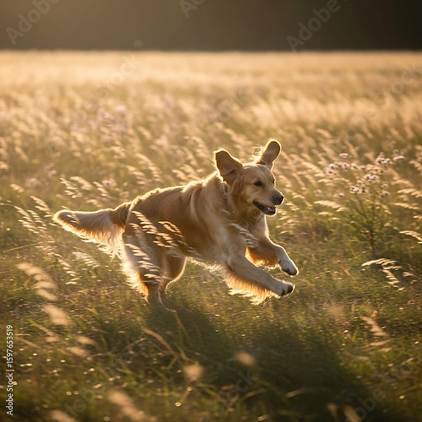 Obraz Golden Retriever Running Joyfully Through Sunlit Field, Happy Dog Playing in Nature with Motion Blur Action Shot