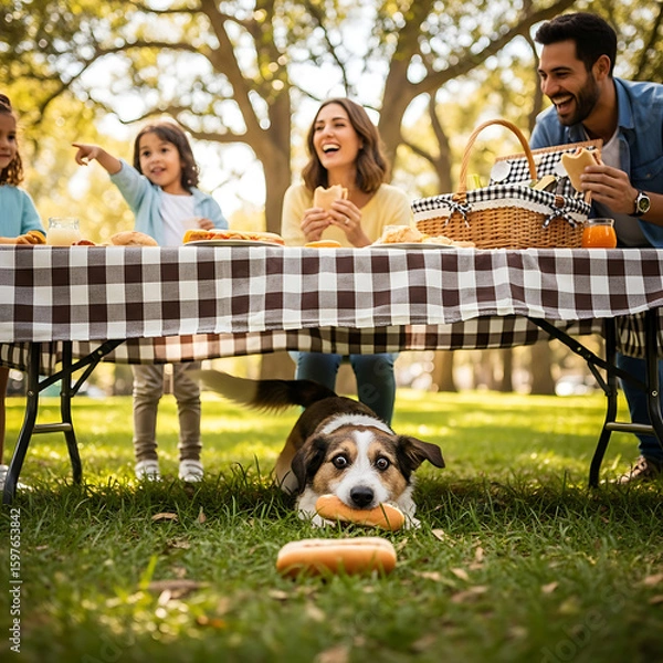 Fototapeta Happy family picnic with dog stealing food in sunny park