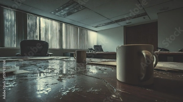 Obraz Empty office, dimly lit, with coffee cups