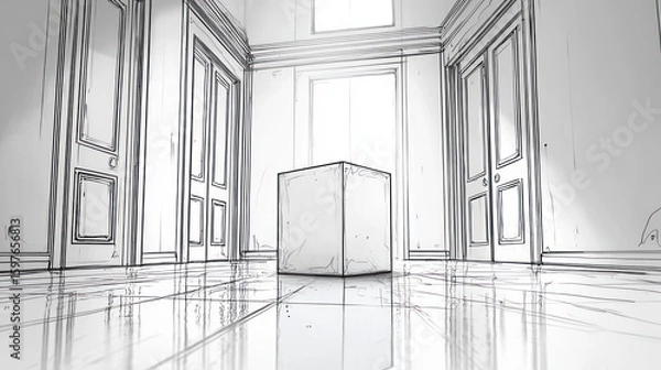 Fototapeta Interior sketch of a hallway with a cube object.