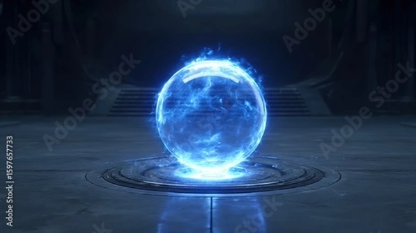 Obraz Floating blue sphere in dark room