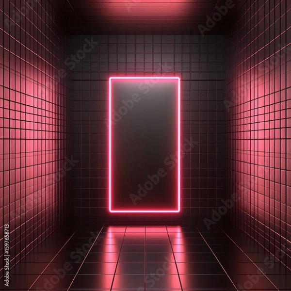 Fototapeta Neon Lights Urban Interior Design Reflection Tiles Contemporary Architecture Space Symmetry Color Abstract Art Electric Bright Futuristic Technology 