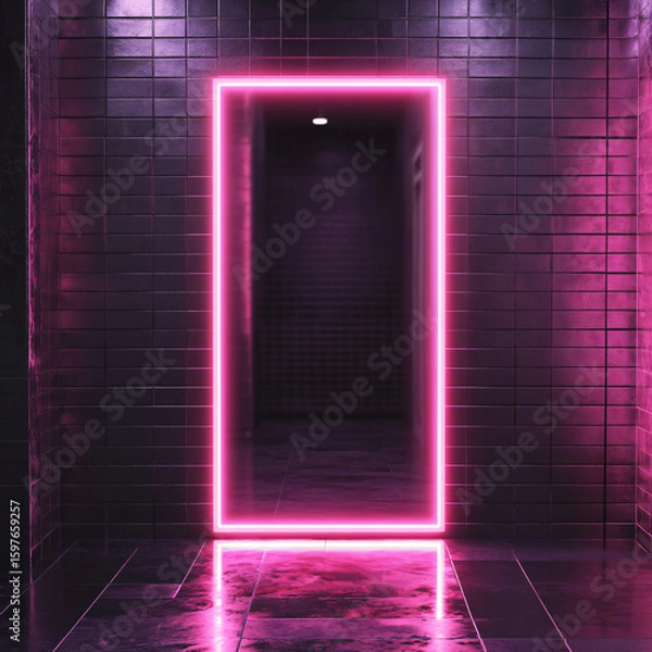 Fototapeta Neon Pink Door Architecture Modern Interior Glossy Tiles Futuristic Urban Gateway Luminescent Illumination Mysterious Shadows Depth Pattern Metropolitan Barrier Surreal Visually Dynamic Space