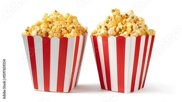Fototapeta Popcorn box. Red and white striped buckets of popcorn isolated on white background. Cinema and entertainment concept. Movie night with popcorn. Cheesy popcorn. Delicious .