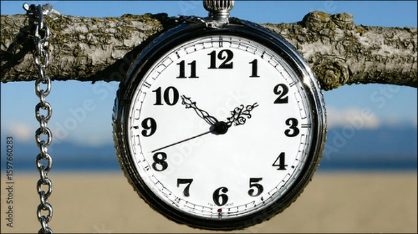 Fototapeta Vintage Silver Pocket Watch Detail on Tree Branch Background Beach Sand Natural Twilight Serenity Time Zone Reflections Peaceful Tranquil Old Clock Timepiece Horology Minute Hour Seconds Analog Time