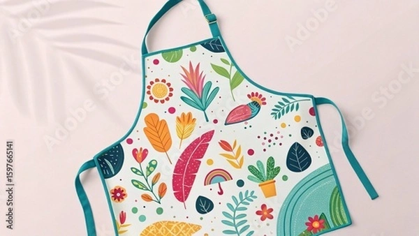 Fototapeta A vibrantly patterned apron featuring tropical plants and flowers is displayed against a soft background, ready for artistic endeavors