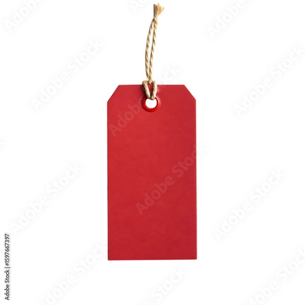 Fototapeta A single bright red rectangular paper gift tag with a natural twine string isolated on transparent background