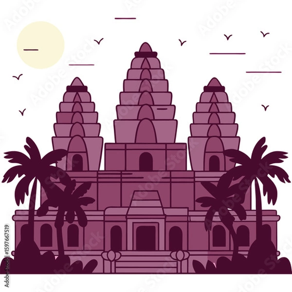 Obraz Angkor Wat (Cambodia) - Stylized illustration of angkor wat temple complex with palm trees and birds under a pale yellow sun