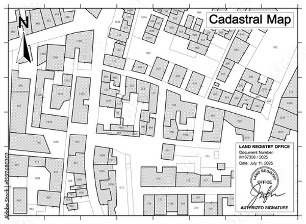 Obraz IMAGINARY BUT REALISTIC CADASTRAL MAP SHOWING LAND PARCELS, BUILDINGS, AND PROPERTY BOUNDARIES IN AN URBAN AREA - Ideal for use in land registry, urban planning, and real estate documentation