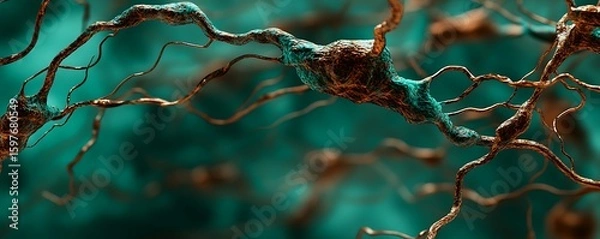 Fototapeta Rust and emerald abstract neural stream with branching tendrils medical tech backdrop