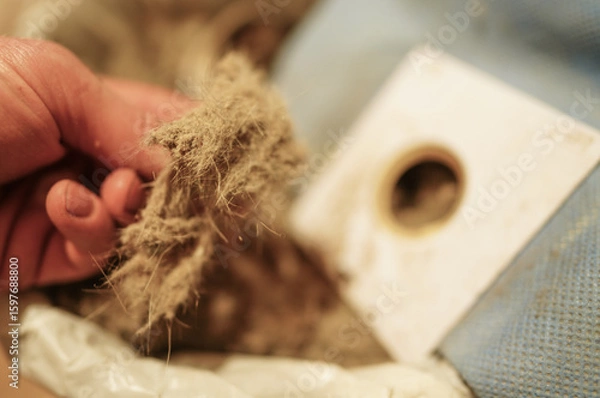Fototapeta Dirty dust from vacuum cleaner container. Vacuum cleaner debris. Dirt from Vacuum Cleaner. Dirty dust from filter of vacuum cleaner. Full dust container. Debris in bagged, collected dirt in room.
