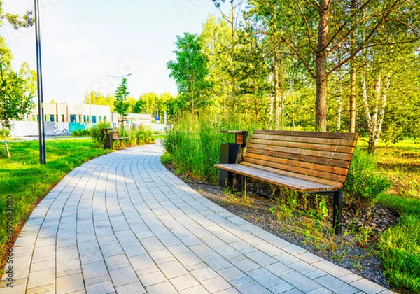 Fototapeta Landscape Architecture for Public Spaces. Pathway in modern Apartment courtyard. Bench on Walkway in green spaces. Lawn grass, pine trees, shrubs in residential area. Landscaping for urban spaces.
