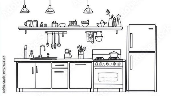 Obraz Simple line drawing of a modern kitchen.
