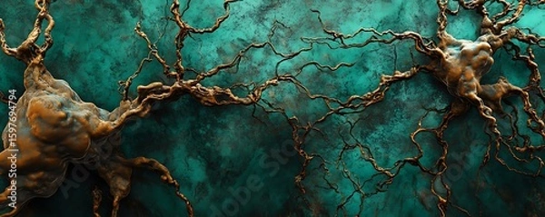 Fototapeta Rust and emerald abstract neural stream with branching tendrils medical tech backdrop