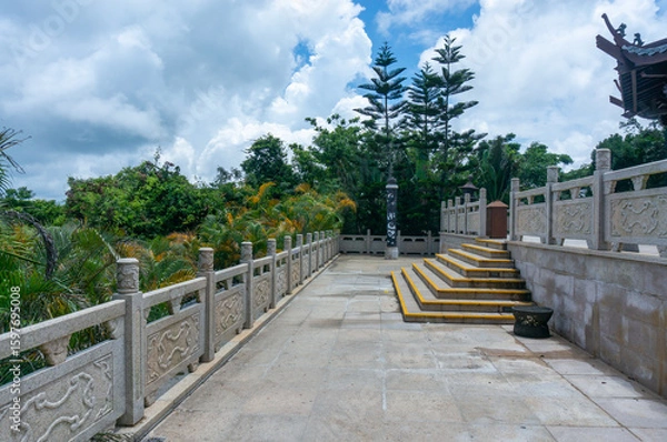 Fototapeta Traditional handrails with white stone carvings in Chinese style, Hainan, Sanya, China.
