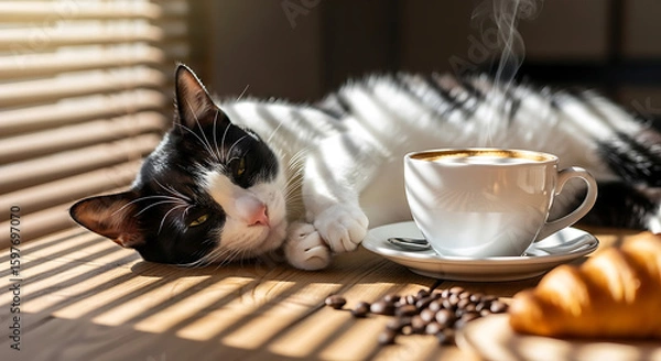 Obraz Tuxedo Cat Lounging at Coffee Shop