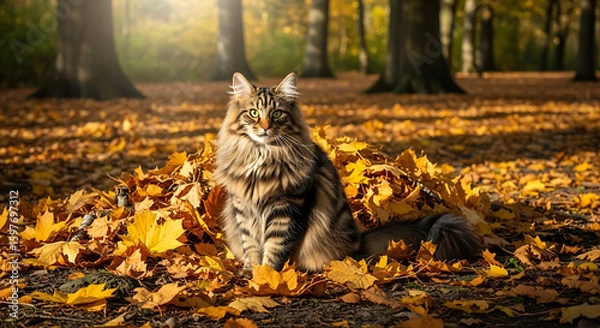 Obraz Majestic Norwegian Forest Cat in Autumn Leaves
