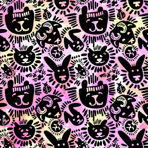 Fototapeta Pets stylish seamless textile ink brush strokes design in doodle grunge texture style