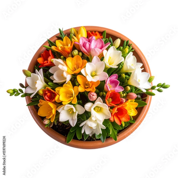 Obraz Top View of Colorful Freesia Flowers in Terracotta Pot, greenery included, transparent background
