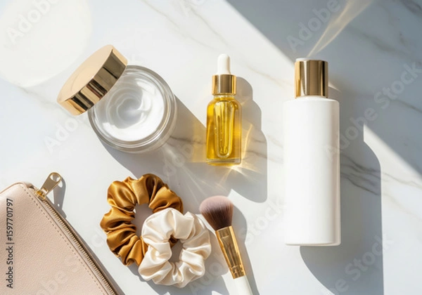 Fototapeta Cosmetics lay on marble including face cream oil lotion brush scrunchies and a clutch