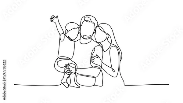 Fototapeta Happy family hugging father mother child line drawing sketch vector illustration