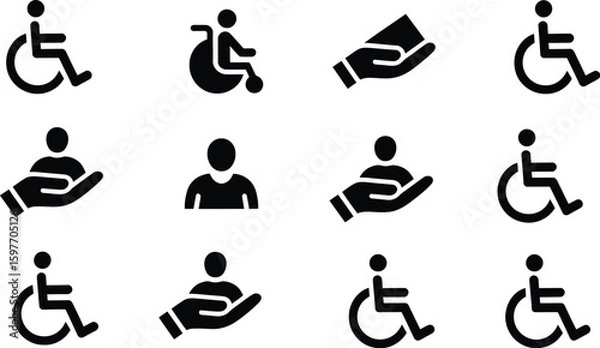 Fototapeta A collection of black and white icons featuring disability and care related symbols