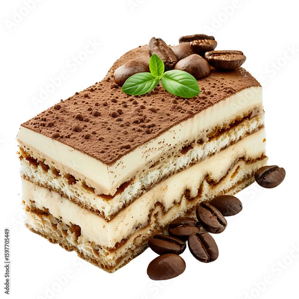 Fototapeta Slice of Tiramisu Cake with Coffee Beans and Mint Garnish