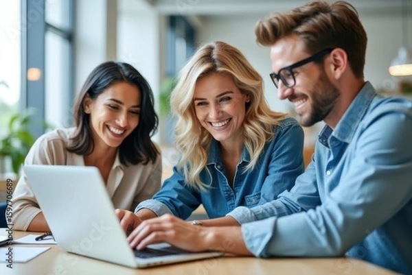 Obraz Diverse team collaborating and smiling while working on a laptop