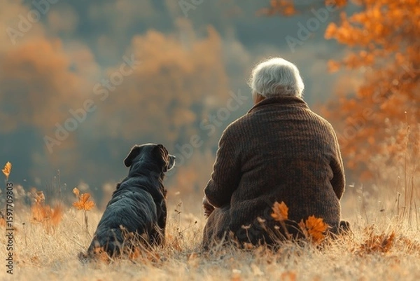 Fototapeta Elderly woman walking with her dog in autumn nature, enjoying the calm and peace of the changing seasons, Generative AI