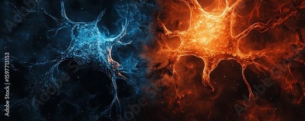 Fototapeta Sapphire and ember colored neuro-channels spreading across digital fluid space