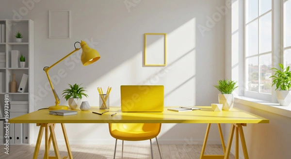 Obraz Bright yellow home office setup with laptop, lamp, plants, and a white bookshelf nearby