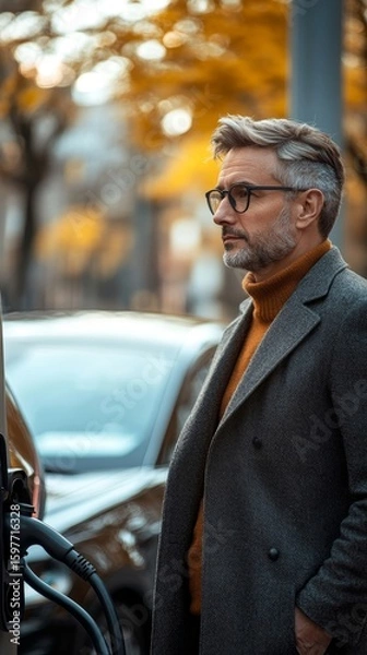 Fototapeta Mature businessman waiting for his electric car to charge, symbolizing the growing adoption of sustainable energy practices in professional and personal life, Generative AI