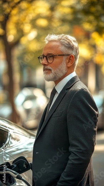 Fototapeta Mature businessman waiting for his electric car to charge, symbolizing the growing adoption of sustainable energy practices in professional and personal life, Generative AI